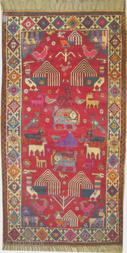 

Gabbeh Nomad Persian knotted circa 1950, semi antique, 111 x 207 cm, ID: T-461
The warp and the weft threads are mixed with wool and goat hair, the edges are finished with 2cm  ...