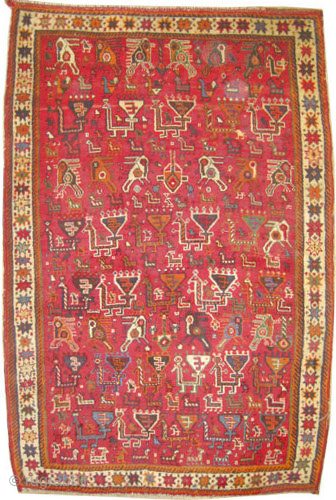 

Gabbeh Nomad Persian, knotted circa 1940 semi antique, collectors item, 118 x 180 cm, ID: T-672
The knots are hand spun wool, the warp and the weft threads are mixed with wool and  ...