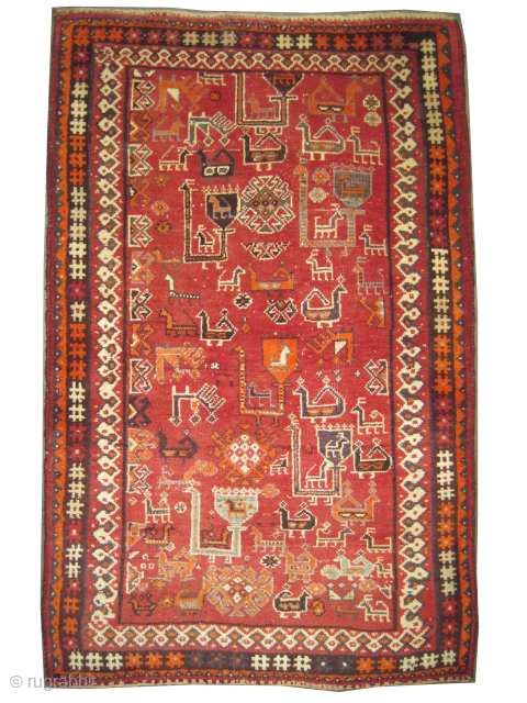 Gabbeh Nomad Persian knotted circa 1925 antique, collectors item, 100 x 158 cm, ID: T-700
Vegetable dyes, certain colors are oxidized, high pile, in perfect condition, the knots are hand spun wool, the ...