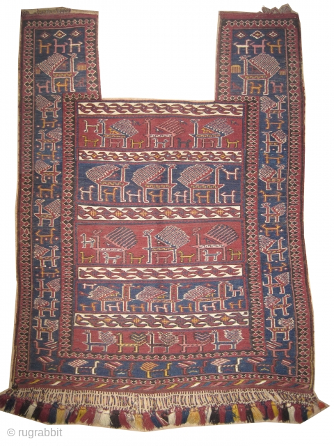 
Horse cover Soumak Caucasian woven circa in 1890 antique, collectors item, 128 x 98 cm  carpet ID: A-111
In perfect condition, the white colour is cotton the rest is hand spun wool,  ...