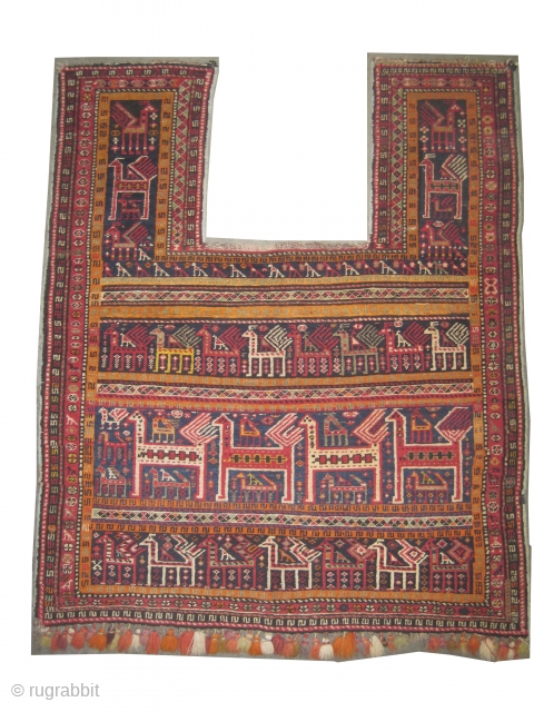 
Horse cover Shirvan Caucasian knotted circa in 1920 antique, collectors item, 147 x 121 cm  carpet ID: H-297
The horse cover is hand knotted, the black knots are oxidized, the background color  ...