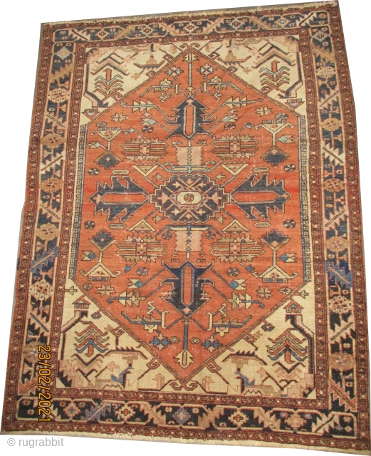 Heriz Persian knotted circa in 1906 antique, collectors item, 184 x 143 cm 
 carpet ID: K-5540
The knots are hand spun wool, both selvages are woven on two lines with wool, the  ...