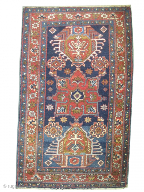 


Heriz Persian, old, 67 x 140 cm, ID: K-3610
The background color is indigo, geometric design, the surrounded large border is rust, vegetable dyes, the black knots are oxidized, the shirazi borders are  ...