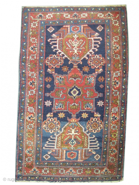 


Heriz Persian, old, 67 x 140 cm, ID: K-3610
The background color is indigo, geometric design, the surrounded large border is rust, vegetable dyes, the black knots are oxidized, the shirazi borders are  ...