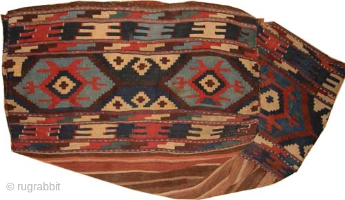 Mafrash Caucasian woven circa 1905 antique, collectors item, 60 x 160 cm, ID: A-1072
Vegetable dyes, woven with hand spun wool, the four faces are original, geometric design, in perfect condition.