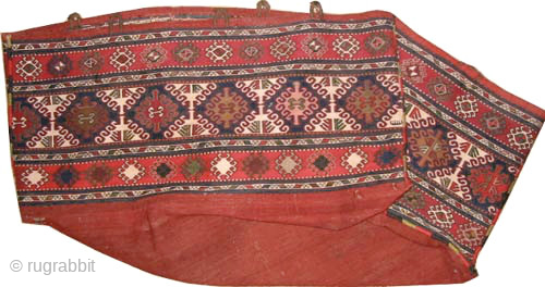 
Mafrash Caucasian, woven circa 1910 antique, collectors item, 46 x 159 cm, ID: A-1240
Vegetable dyes, woven with hand spun wool in Soumak technique, the four faces are original, the white color is  ...