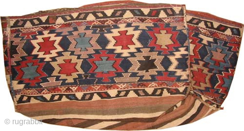 

Mafrash Caucasian, woven circa 1910 antique, collectors item, 147 x 50 cm, ID: A-753
Vegetable dyes, woven with hand spun wool, the four faces are original, woven in three different techniques, in perfect  ...