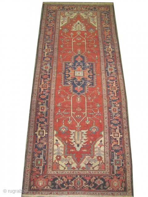 Heriz Persian knotted circa in 1900 antique, 336 x 138 cm 
 carpet ID: P-5780
The black knots are oxidized, the knots are hand spun wool, the selvages are woven on two lines,  ...