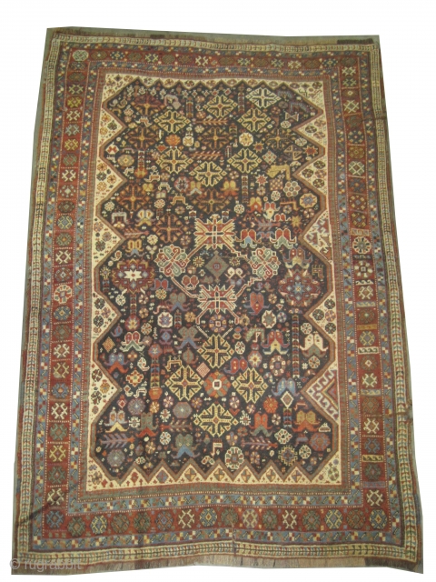 Qashqai Persian, circa 1910 antique, collectors item, Size: 134 x 204cm,  Carpet ID: 0001
Vegetable dyes, the black color is oxidized, the knots are hand spun wool, all over designthe background is  ...