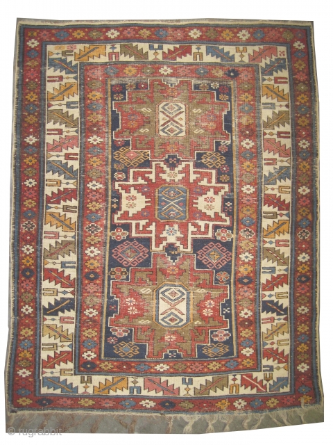 	

Lezgi Caucasian circa 1910 antique. Size: 141 x 121 (cm) 4' 7" x 4' 
 carpet ID: K-4728 
The black color is oxidized, the knots are hand spun wool, the warp threads  ...
