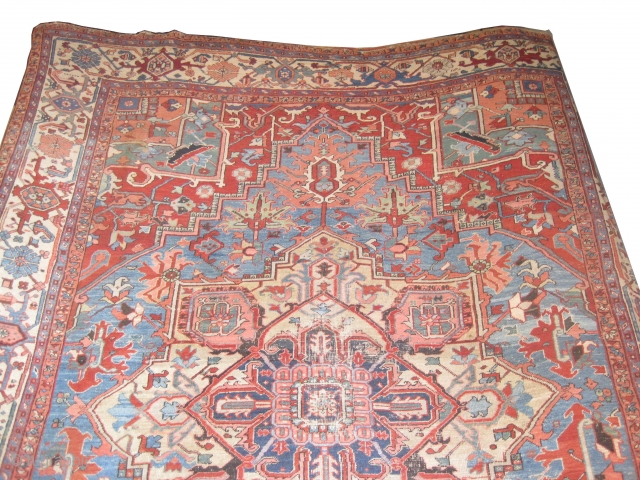  	

Serapi Heriz Persian knotted circa in 1895 antique, 375 x 307 (cm) 12' 4" x 10' 1"  carpet ID: P-1387
The background color is sky blue, in good condition except the  ...