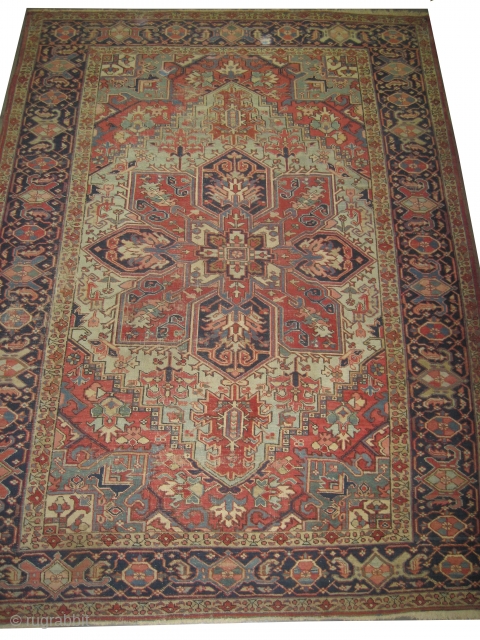 
Serapi Heriz Persian knotted circa 1910, antique, collectors item, 238 x 326 cm, ID: P-4020
Vegetable dyes, the black knots are oxidized, the knots are hand spun wool, the center medallion is rust  ...