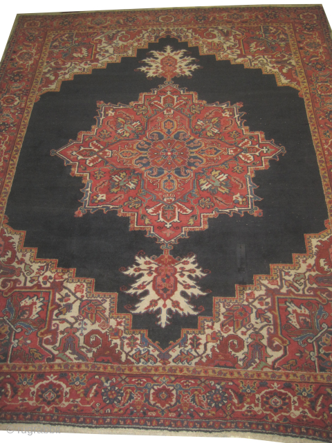 Heriz Persian, old, 262 x 325 cm, ID: BDI-18
The knots are hand spun wool, vegetable days, the black knots are oxidized, the background color is indigo, the center medallion and the four  ...