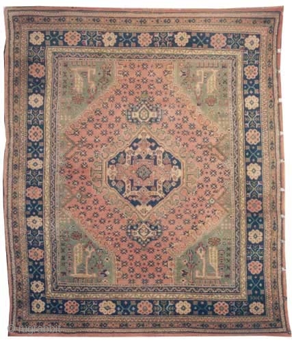 Ushak Anatolian circa 1910 antique. Size: 300 x 258 (cm) 9' 10" x 8' 6"  carpet ID: P-5271, the black color is oxidized, the knots are hand spun wool, Ghiordez knots,  ...