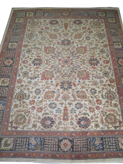 Tabriz Petak Persian old, Size: 377 x 290 (cm) 12' 4" x 9' 6"  carpet ID: P-5768
The black color is oxidized, the knots are hand spun wool, the background is ivory,  ...