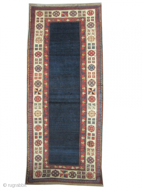 	

Talish Caucasian knotted circa in 1885 antique, collector's item,  246 x 100 (cm) 8' 1" x 3' 3"  carpet ID: K-4411
The background color is indigo, the surrounded large border is  ...