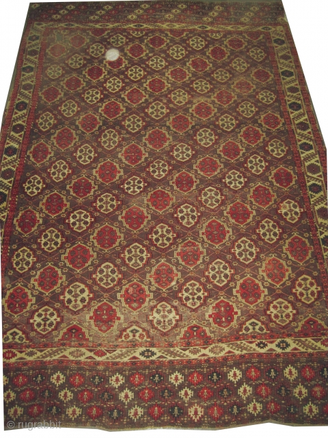 

Tschaudor Turkmen , 19th cwntury antique, collectors item. 360 x 238 cm  carpet ID: K-3187
The warp and the weft threads are wool, the black knots are oxidized, the knots are hand  ...
