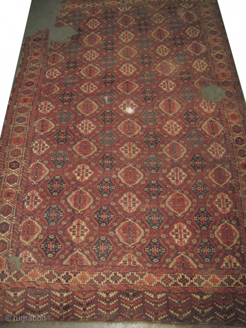 

Tschaudor Turkmen knotted 19th century, collectors item, 368 x 225 cm  carpet ID: P-4474
High pile, three big holes to be repaired, the knots are hand spun wool, the brown knots are  ...