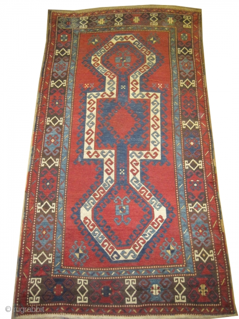 	
Sevan Kazak Caucasian circa 1885 antique. Collector's item, Size: 275 x 144 (cm) 9'  x 4' 9"  carpet ID: K-4114
Vegetable dyes, the black color is oxidized, the knots are hand  ...