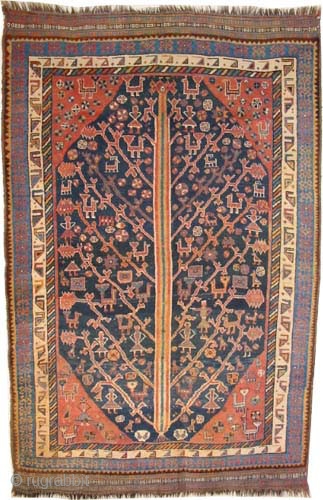 Mille Fleurs Qashqai Persian circa 1905 antique. Collector's item. Size: 235 x 145 (cm) 7' 8" x 4' 9"  carept ID: K-5474
Vegetable dyes, the black color is oxidized, the design is  ...