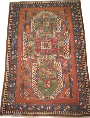 


Sevan kazak Caucasian knotted circa in 1865 antique, collector's item, 245 x 164 (cm) 8'  x 5' 5"  carpet ID: K-3188
The black knots are oxidized, both edges are finished with  ...