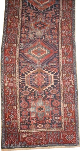 

Karadja Persian knotted circa in 1910 antique,  318 x 100 (cm) 10' 5" x 3' 3"  carpet ID: K-2759
The black knots are oxidized, the knots are hand spun wool, the  ...