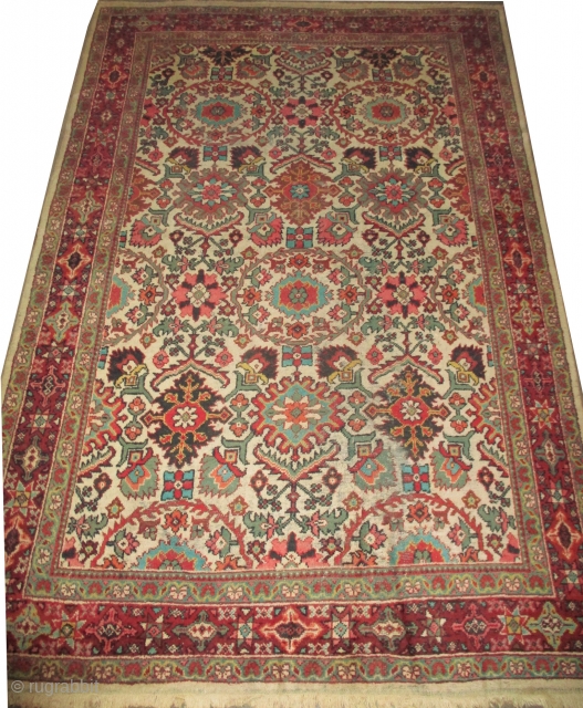 
Mahal Persian, knotted circa 1925, semi antique, 222 x 326 cm, ID: P-5326
The knots are hand spun wool, the black knots are oxidized, the background color is ivory, allover design, the surrounded  ...