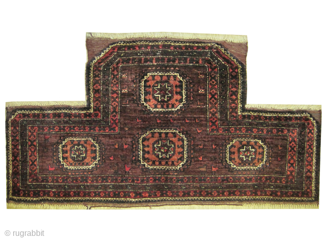 Horse cover Belutch Persian, knotted circa 1940, semi-antique, collector's item, 57 x 110 cm, ID: K-1517
The knots are hand spun wool, the medallions are surrounded with birds, both edges are finished with  ...