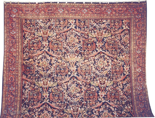 

Mahal Persian knotted circa in 1922 antique, 475 x 368 (cm) 15' 7" x 12' 1"  carpet ID: P-1071
The knots are hand spun wool, allover Mostofi design, high pile, the black  ...