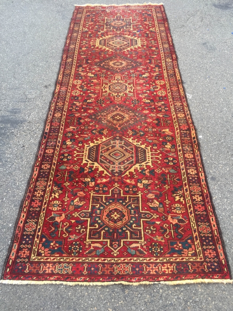 THANK YOU FOR LOOKING!

PERFECT FOR WIDER HALLWAYS, THIS HANDMADE SEMI-ANTIQUE KARAJA RUNNER MEASURES APPROX. 11 FEET LONG X 3 FEET 10 INCHES WIDE.

A DESCRIPTION ON THE COLLECTOR'S INVENTORY DESCRIBES THIS AS A  ...