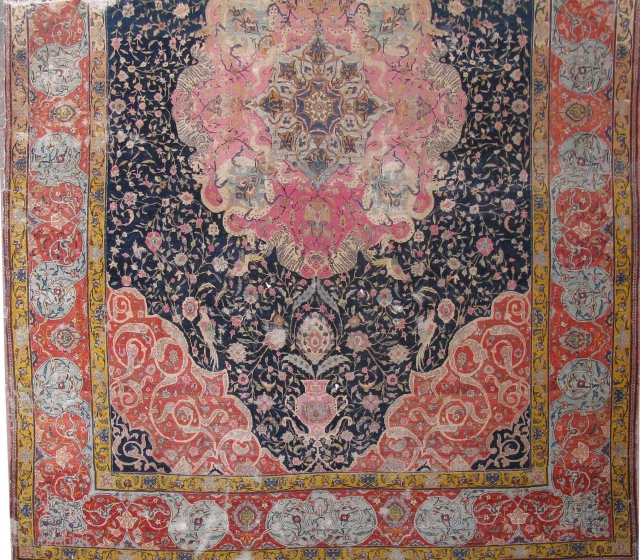 Antique Early Qajar-Tabriz, ( Fragment). Early 19th century, worn in sections, natural vegetable dyes, top half missing. Fragment size; 295x260 cm
Suitable for museums display.         