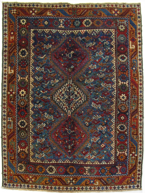 Rug no: 664, Nomadic Qashqai, rare, circa 1900, very good condition. Restored on sides and ends only, all wool, size:164x116cm. Southern Persia.           