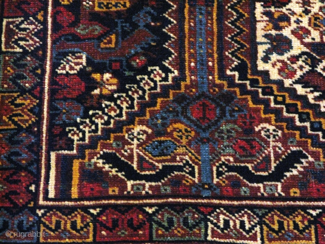 Rug no. 1147, Late 19th C. Khamseh rug from Southern Persia in very good condition, minor restoration, 100% natural vegetable dyes.  Beautiful and balance design for an antique Khamseh rug, fine  ...