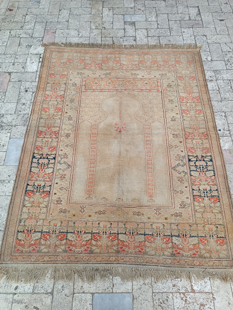 Antique Turkish Prayer rug more than 150 years old.
vegetable color
size:130*165 cm
wool on cotton
the kind of cotton is Manchester cotton, in more than 150 years ago there were no cotton in Turkey and  ...