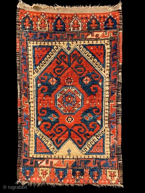 Beautiful antique Anatolian yastik, Central Turkey, c mid-19c.  High standard. The original wedge-type wrapped selvages indicate an origin in the Konyya/Cappadoccia region, madder and cochineal -madder mix ground color, natural dyes  ...