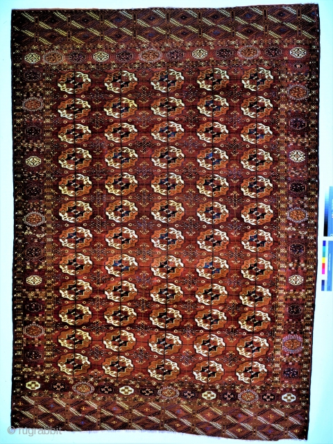 Tekke main carpet, thin and supple weave, like velvet, floppy and fine quality like a torba, some silk knots, some wear. Two very small repairs about 2 sq in. (10 sq cm)  ...