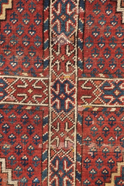 Hard to find "Garden" type Beshir carpet with considerable age, first half 19c. In good condition with a few small faded ancient reweaves, minor wear, wrapped selvages. Lovely patina, handle, and color  ...