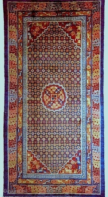 Ninghsia carpet in full pile, finely woven with diagonal lattice and rosette design, c 1850-75; 5.8x11.8 feet (173x356cm).               