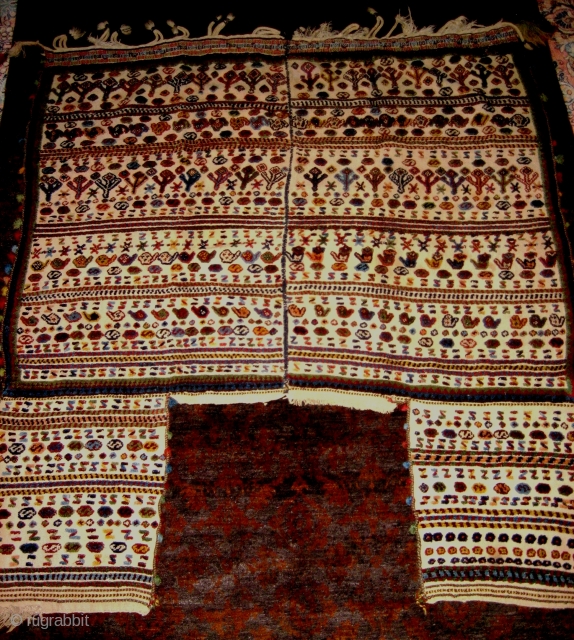 Large and beautiful Qashqa'i ceremonial horse cover, last quarter 19c, impressive size of approx. 60 x 60 inches (152 x 152 cm). I bought this from Bolour on Ferdowsi Street in Tehran  ...