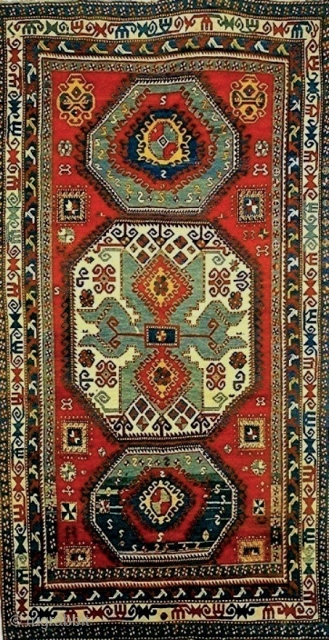AVAILABLE An outstanding antique Kazak in an unusual kelleh format, 6.1 x 11.10 feet; 19th century. All natural colors, including aubergine purple highlights. Lustrous wool, excellent pile and the ends and selvages  ...