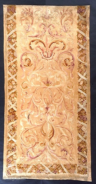 A luxurious silk embroidered panel; France or Italy, c 1730-1830, 4.9x9.4 feet, 145x284 cm. All-over silk satin stitch; likely one of a set from a State bed or series of wall panels.  ...