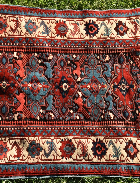 Very good antique Kuba Alpan, Caucasus, last quarter 19th century, very good condition with substantial oxidation of black, small old restoration on two corners, some minor reworking of selvages, size: ca 230  ...