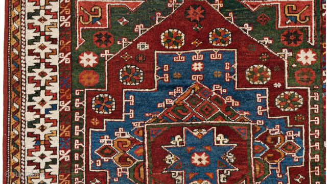 This is your chance to get an Antique Bergama with "Ghirlandaio"-Design. Late 19th century, 205 x 155 cm (6 ft. 9 in. x 5 ft. 1 in.), upper corners and bottom end  ...