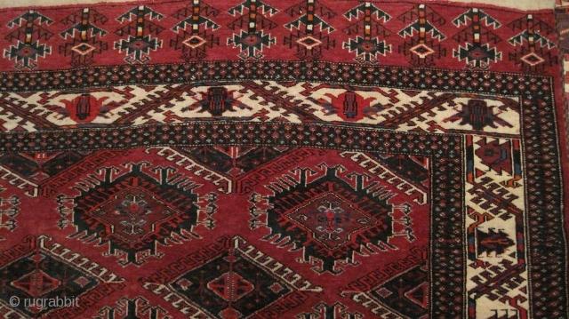 Yomud Eagle Gul 3 Carpet

An unusual rug that probably dates in the twentieth century, although the style is usually much earlier.  One synthetic bright red; don't think there are others, but  ...