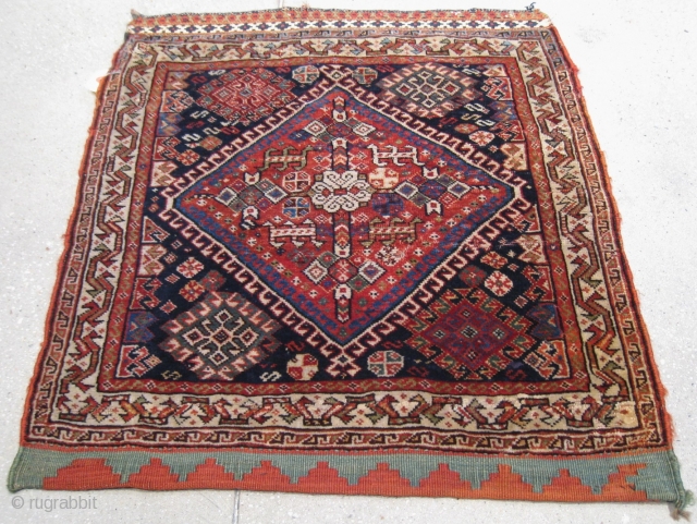 A Fine Q'ashqa'i Bagface, late 19th Century, 2' 0" x 2' 0", in need of minor attention.  Great wool and color.           