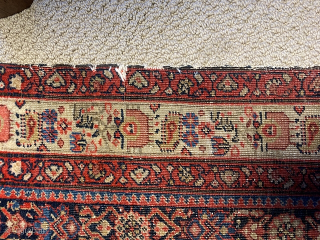 Fereghan rug in low pile with mended/patched tears. Reads well. Beautiful border! Inexpensive!                    