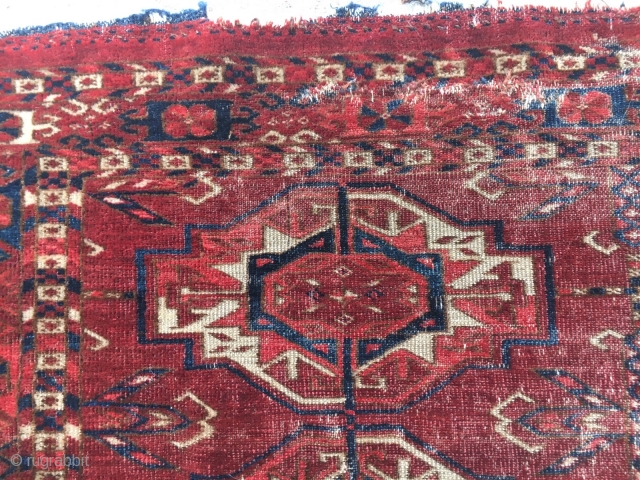 SOLD!! This Tekke six gul torba is beautifully drawn and very old, easily c. 1850. It measures 42" X 15" and has 13 kpi horizontal and 22 vertical, 286 kpi. It has  ...