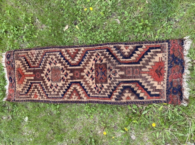 Baluch rug minus the borders. Great visual and tactile appeal. Natural dyes. Brown corrosion from iron oxide mordant. About 48” long by 16”. $200 including shipping in country.     