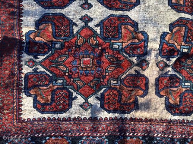 Antique white-groud Afshar, 3.5' X 4.5' in overall great condition. All natural dyes, electric blue. Generally low pile, with a coffee stain? No holes, smells or dry areas. Price: Very affordable! SOLD!  ...