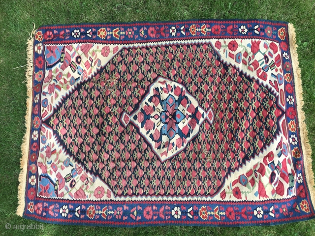 Sold Bijar kilim, c.1900 on cotton warp. 44”X58”. Has two areas of missing weft. See pictures. Good color. Inexpensive!              